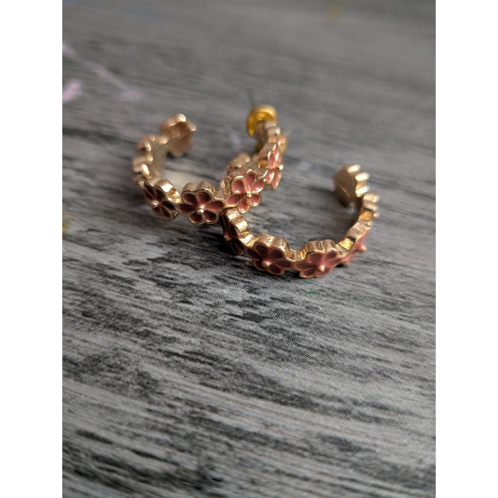 Gold Tone Pink Enamel Flower Hoop Earrings Floral C-Hoops Cottagecore Jewelry